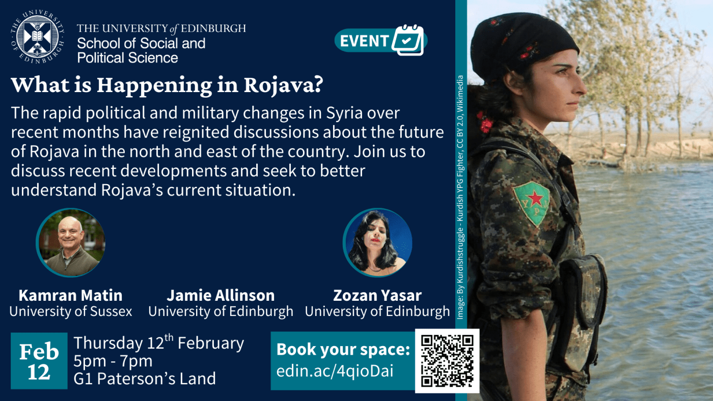 An image of a YPG fighter in Rojava, along with text with the event details. 