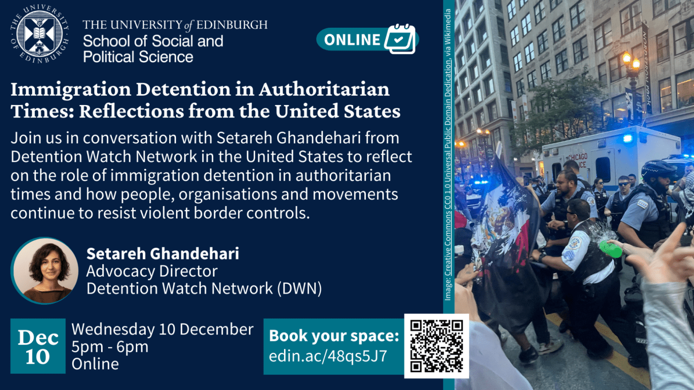 Event details alongside an image showing clashes occurring during an ICE protest in Chicago