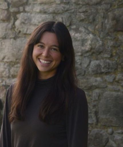 Brunette woman portrait. Stone background.