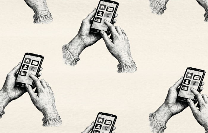 Decorative image that shows a graphic of two hands holding a smartphone