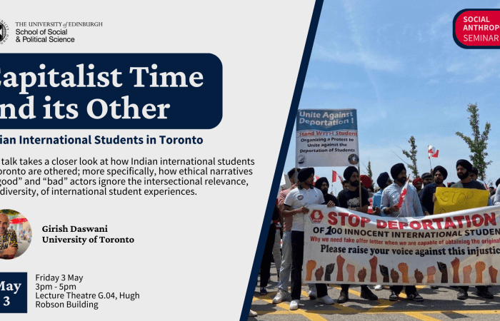 graphic including the event information, a photo of the speaker, and a photo of protestors. The protestors are holding a sign reading 'stop deportation' and Canadian flags