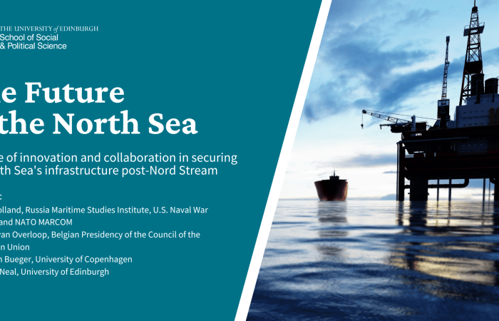 Image of drilling rig in the ocean, beside the event and speaker information