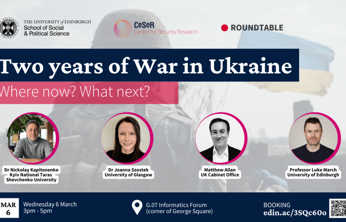 Graphic with event information and photos of the four speakers